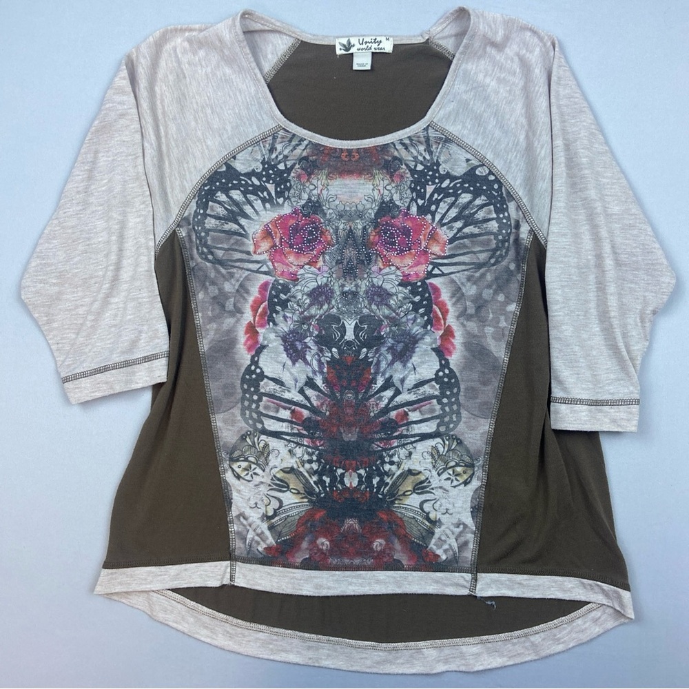 Unity World Wear Top Shirt Women’s Medium 3/4 Sleeve Y2K Rhinestone Blouse Rose
